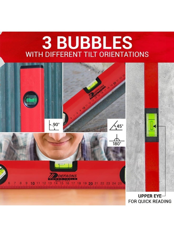 ديفاونز ميزان تسوية مغناطيسي بطول 30 سم، هيكل من الألومنيوم مع ثلاث فقاعات لقياس الزوايا 180 و90 و45 درجة، أداة قياس أفقية وعمودية، أغطية طرفية ماصة للصدمات، مغناطيس قوي، مناسب لأعمال البناء والنجارة والسباكة والكهرباء والأعمال اليدوية، أداة قياس احترافية ومتينة للاستخدام الشاق. - Image 4